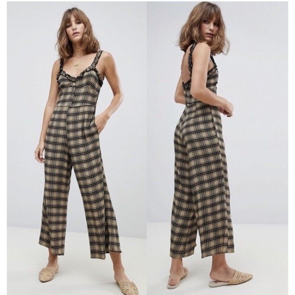 Faithfull The Brand Womens Cancun Olive Green Plaid Wide-Leg Jumpsuit Size 2